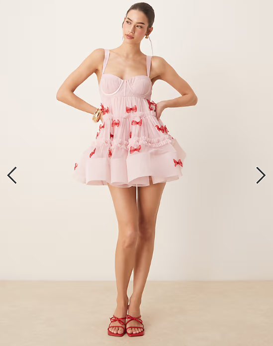 Lace & Beads bow applique babydoll mini dress in pink and red