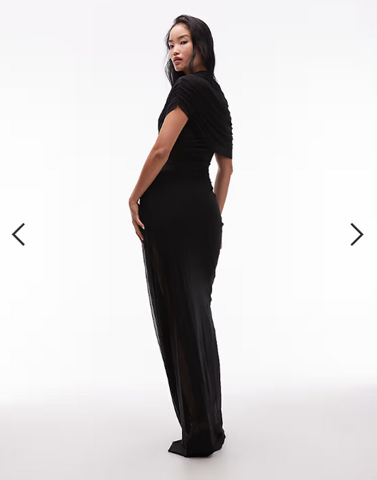 Heiress Beverly Hills mesh overlay drape detail asymmetric drop waist maxi dress in black