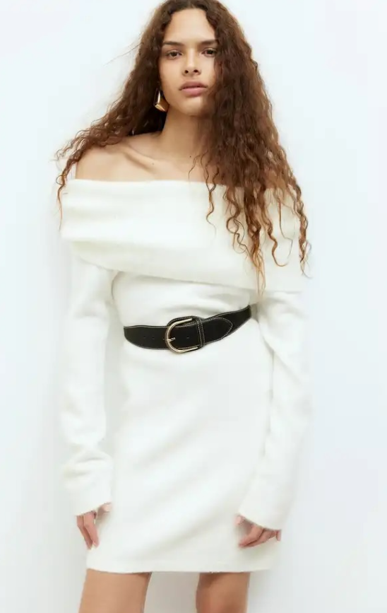 H&M - OFF-THE-SHOULDER KNIT DRESS - Cream