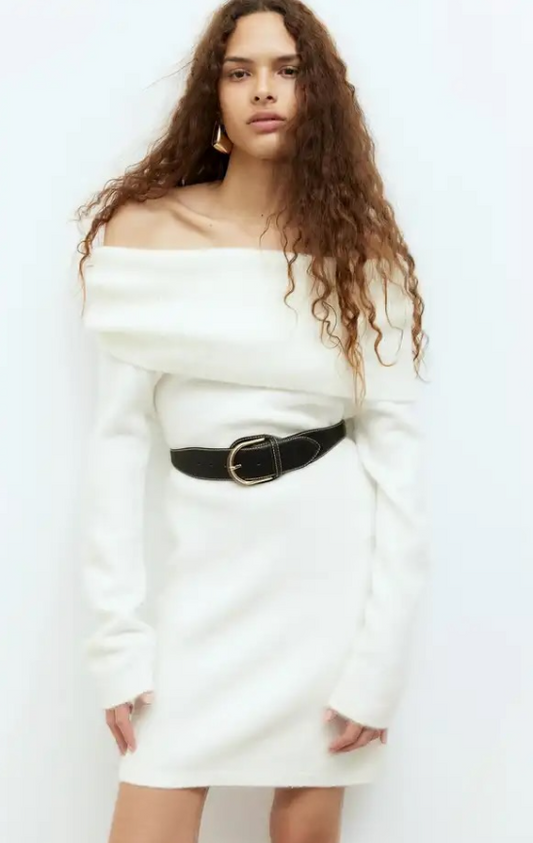 H&M - OFF-THE-SHOULDER KNIT DRESS - Cream