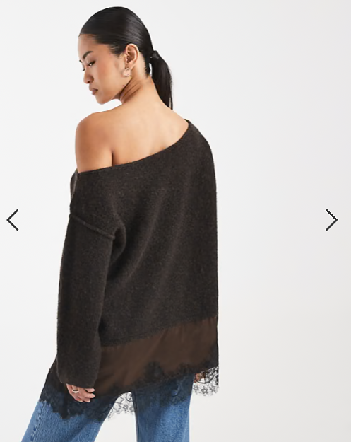 Miss Selfridge fluffy asym jumper with contrast satin lace hem in chocolate
