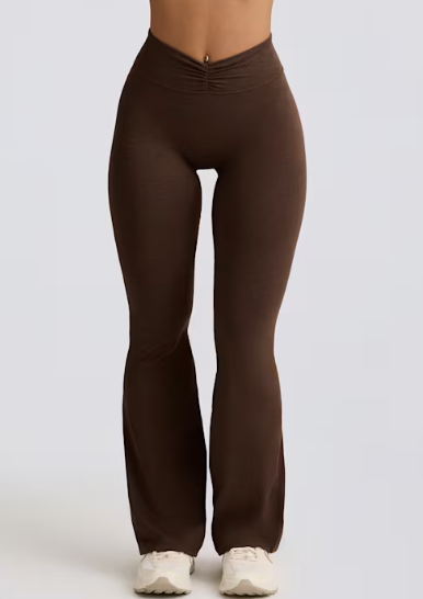 BO+TEE - Brushed Jersey Ruched Flared Trousers in Pecan Marl