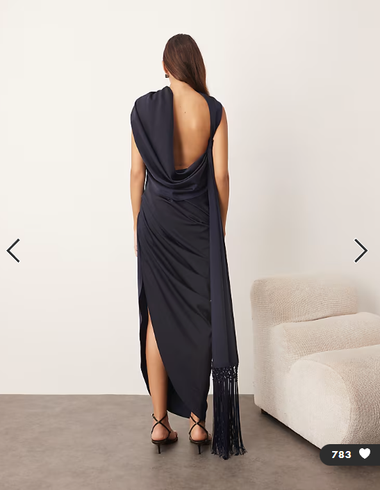 ARRANGE scarf neck draped maxi dress with low back and train in navy