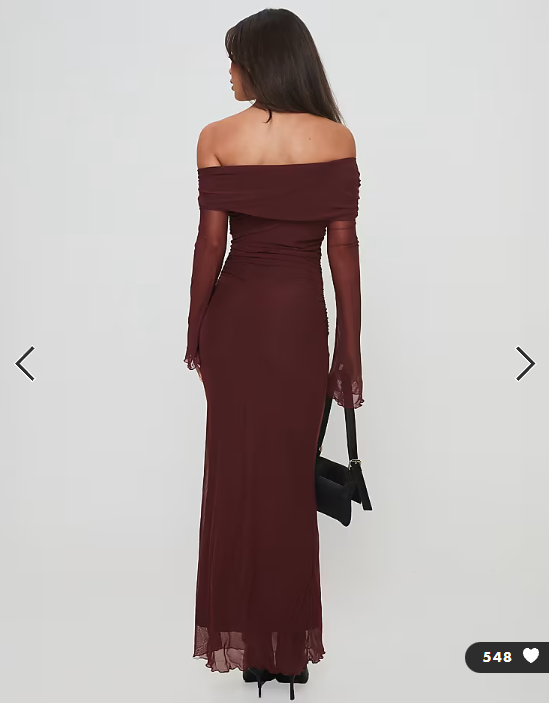 Princess Polly - consideration mesh bardot flare sleeve lettuce edge maxi dress in chocolate