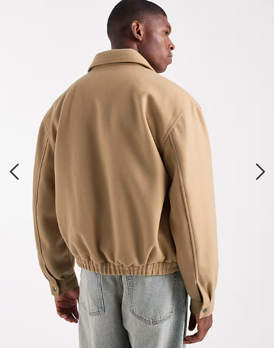 ASOS DESIGN boxy harrington jacket in wool look in camel