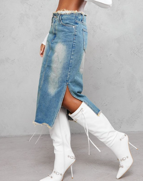 Vintage Wash Side Split Raw Hem Denim Midi Skirt