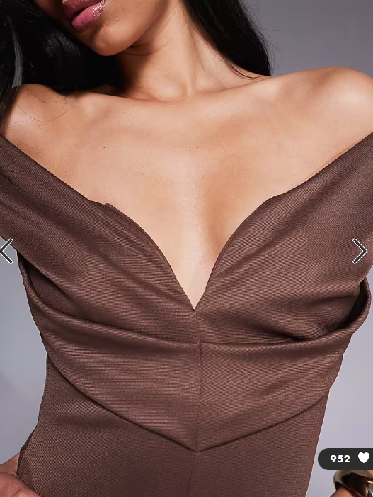 ASOS DESIGN sculpted bardot midi pencil dress with seam detailing in chocolate