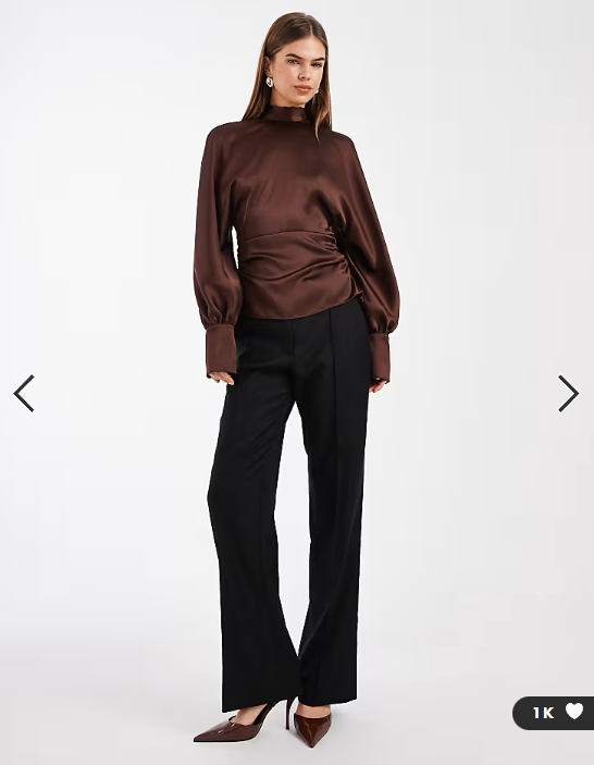 ASOS DESIGN satin high neck batwing blouse in chocolate