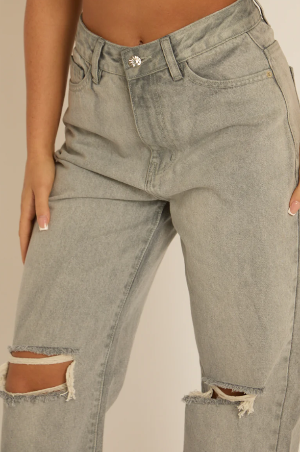 Rebellious - Grey Denim Distressed Knee Extra Long Jeans - Ivelisse