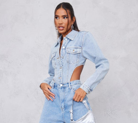 Light Blue Wash Pocket Front Denim Jacket High Side Bodysuit