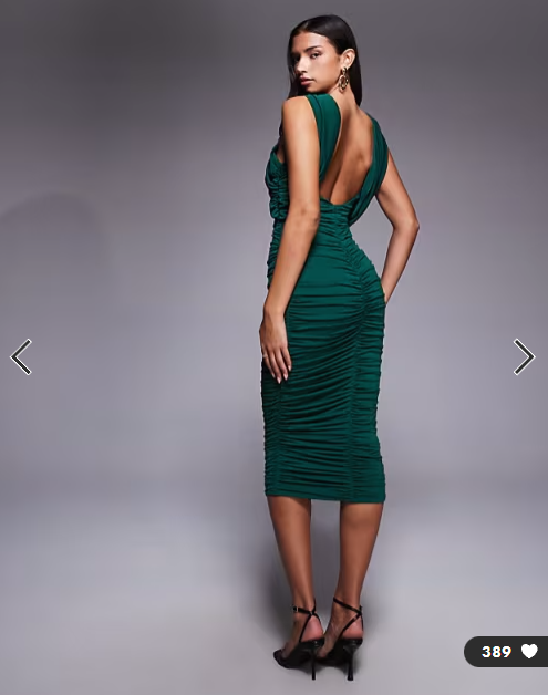 TFNC slinky high neck ruched detail open back midi dress in emerald