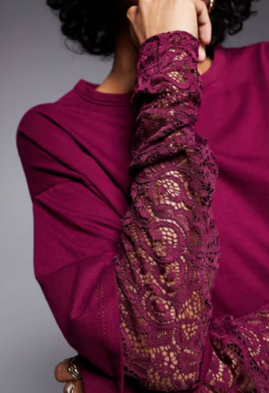 ASOS DESIGN long sleeve lace sleeve t shirt mini dress in burgundy