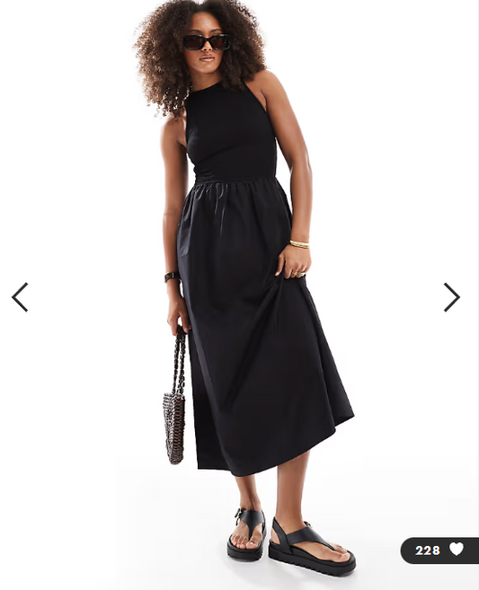 ASOS DESIGN racer neck crinkle bodice poplin skirt midi dress in black