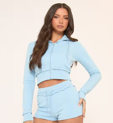 Contrast Distressed Detail Drawstring Hoodie In Blue