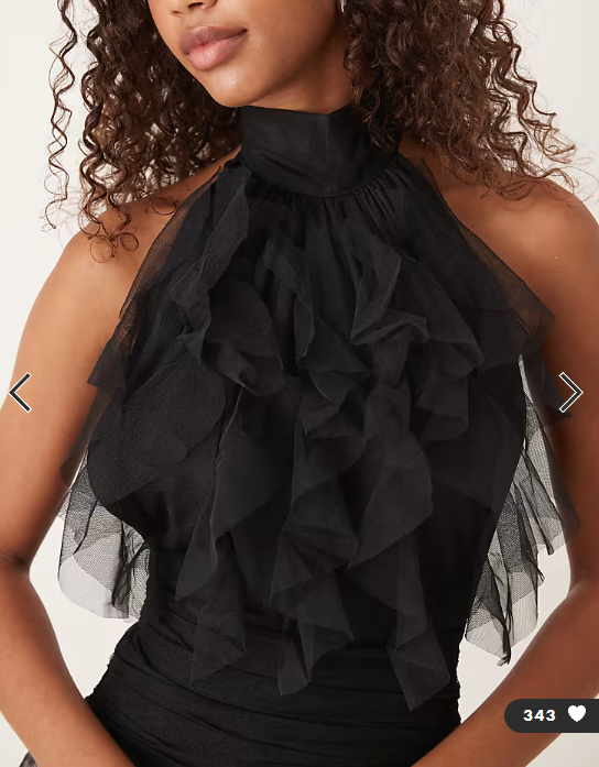 Lace & Beads ruffle halter drop hem mini dress in black