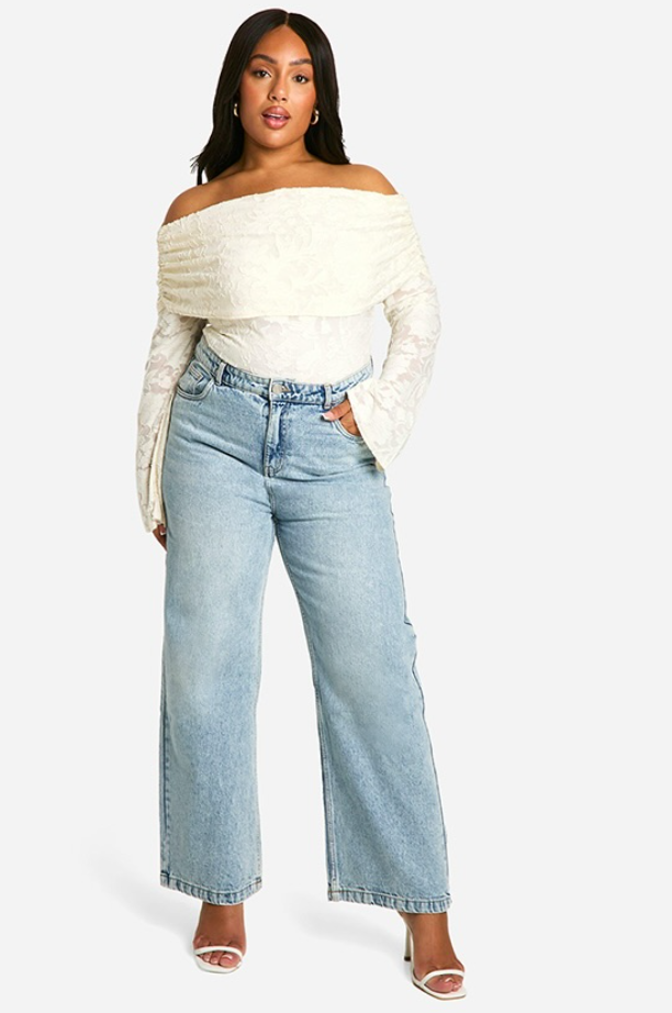 boohoo Curve Jacquard Bardot Bodysuit Top