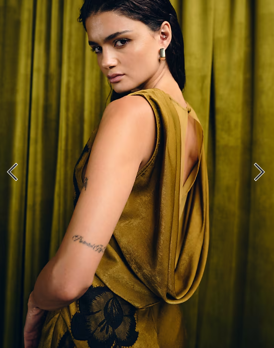 ASOS DESIGN satin drape back lace applique maxi dress with godets in cinnamon