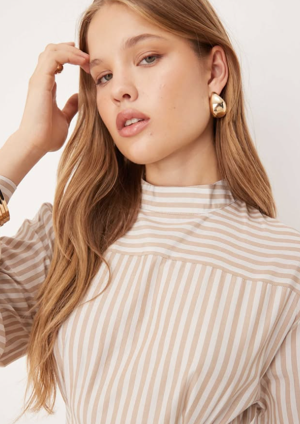 Asos -high neck poplin mini dress with pleated waist in stripe print