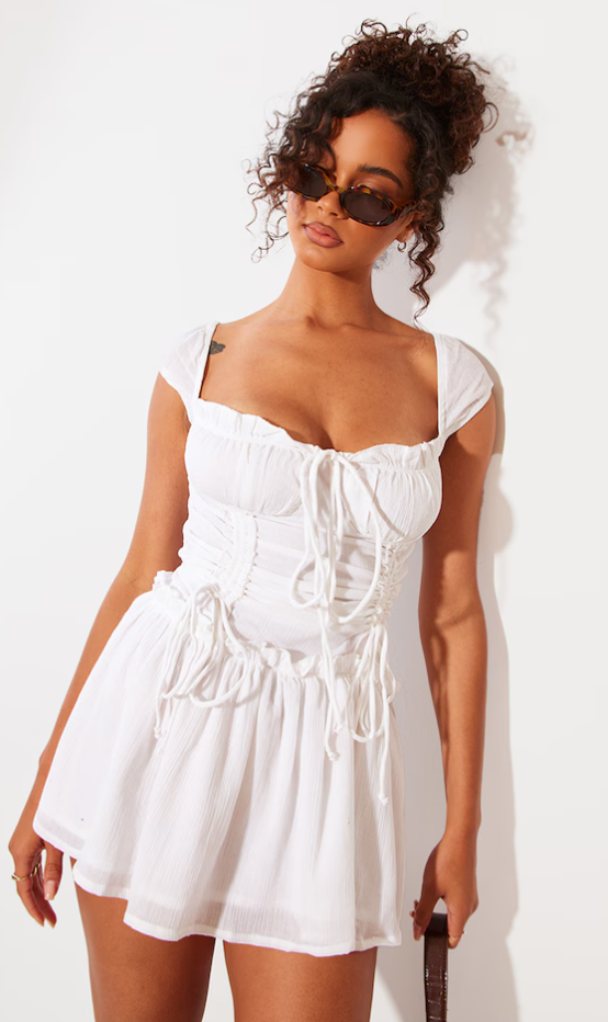 White Textured Ruched Puff Sleeve Bodycon Dress
