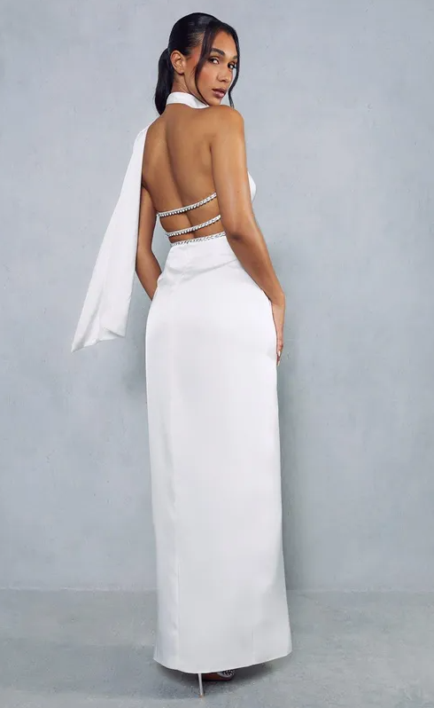 Premium Satin Diamante Drape Back Split Leg Maxi Dress