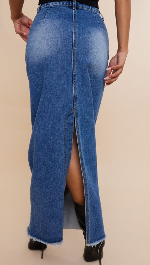 Plt - Mid Blue Wash Raw Hem Denim Maxi Skirt