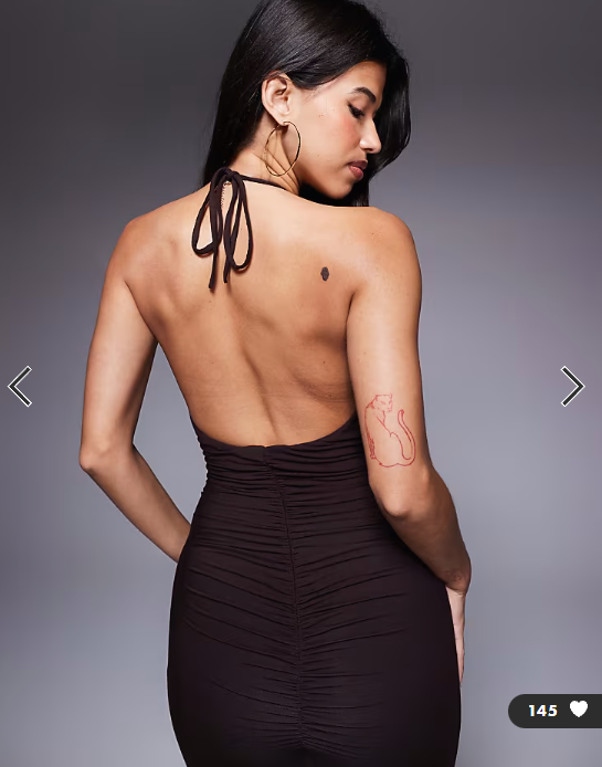 Wanderdoll sculpting second skin halterneck plunge ruched front split sleeveless maxi dress in chocolate