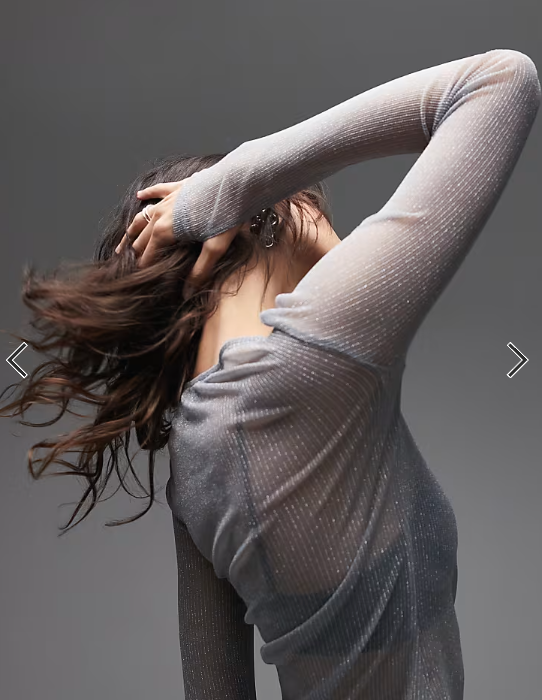ASOS DESIGN co-ord semi sheer metallic knit long sleeve top in silver