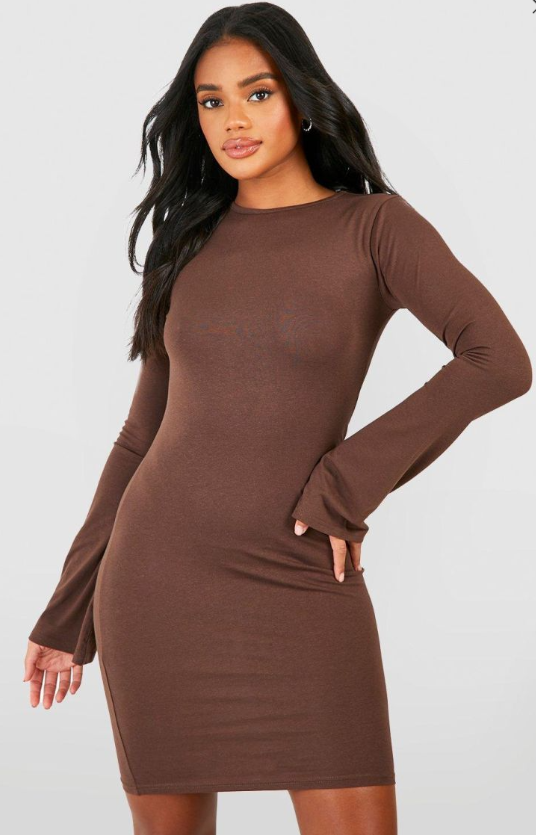 Premium Super Soft Flare Cuff Mini Dress - chocolate