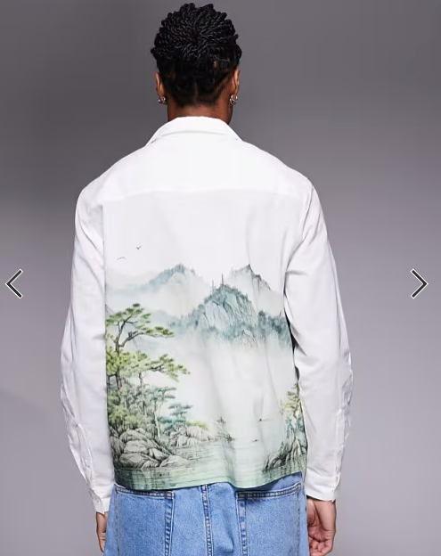ASOS DESIGN relaxed revere shirt with scenic print in off white