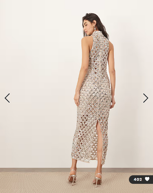 ARRANGE geo cut work embellished high neck column maxi dress in silver