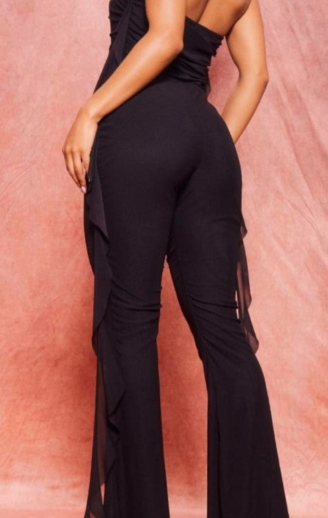 Black ruffle detail bandeau drape mesh lined jumpsuit