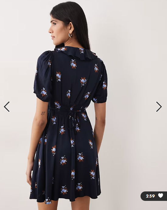 Nobody's Child Fae frill v neck puff sleeve mini dress in navy floral