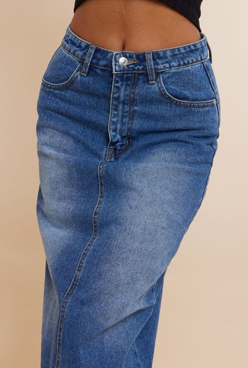 Plt - Mid Blue Wash Raw Hem Denim Maxi Skirt