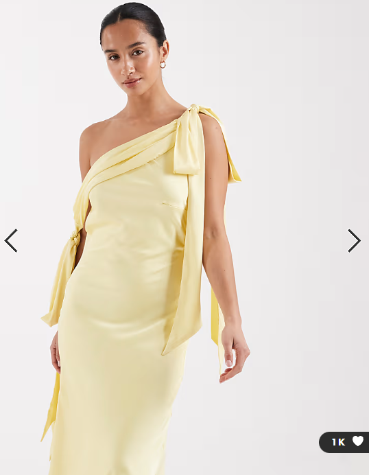 TFNC Petite Bridesmaids fallen shoulder satin maxi dress in yellow