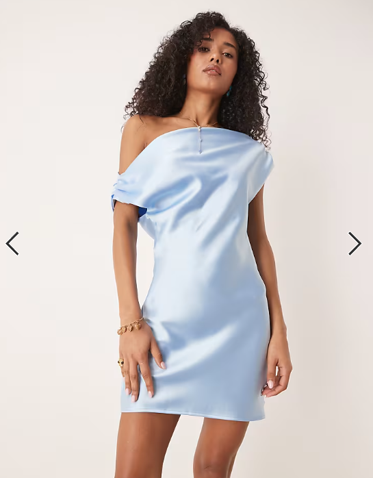 ASOS DESIGN satin drape off shoulder mini dress in light blue
