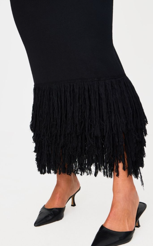 Plt  - Black Fine Knit Fringe Hem One Shoulder Maxi Dress