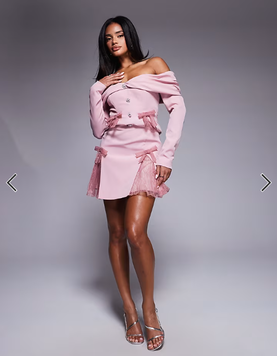 ASOS LUXE off the shoulder tailored blazer with organza pleats in dusty pink - part of a set
