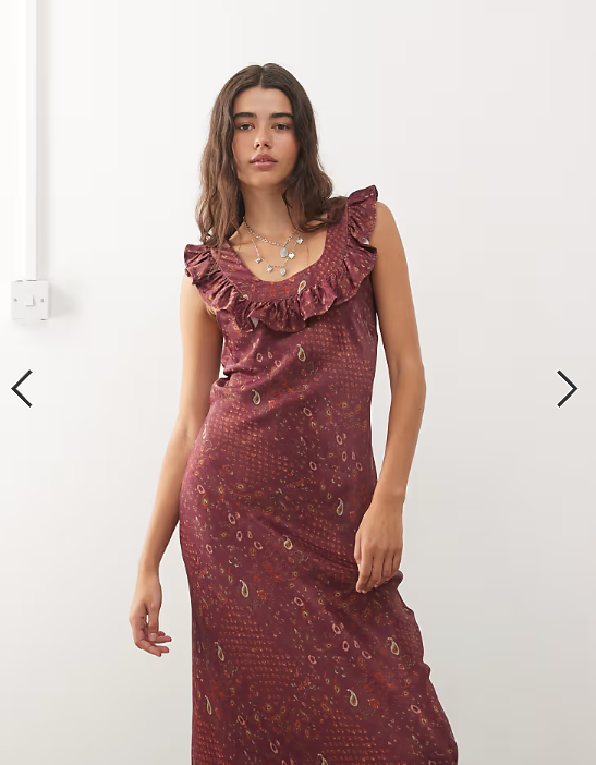 Reclaimed Vintage maxi tea dress with frill neck in burgundy floral print