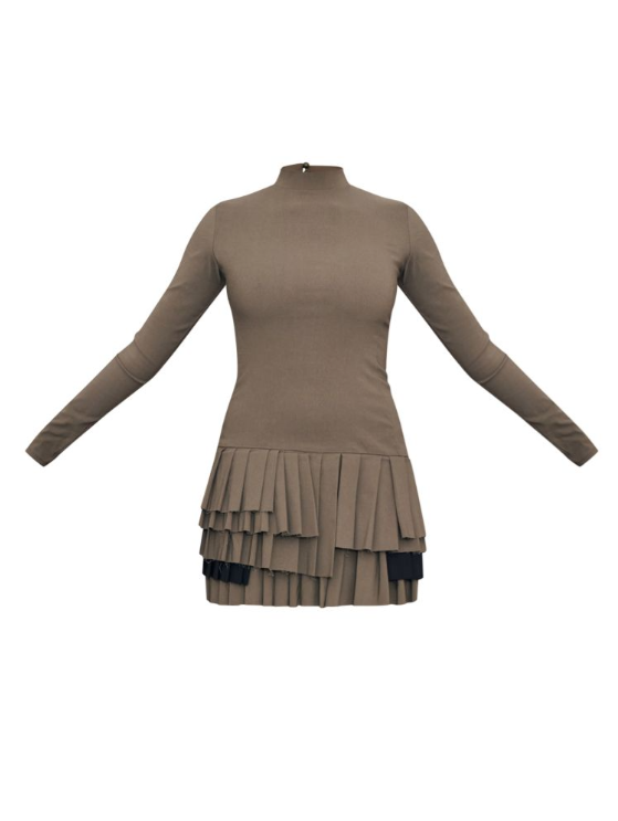 Plt - Khaki Stretch Woven Extreme Pleated Long Sleeve Shift Dress