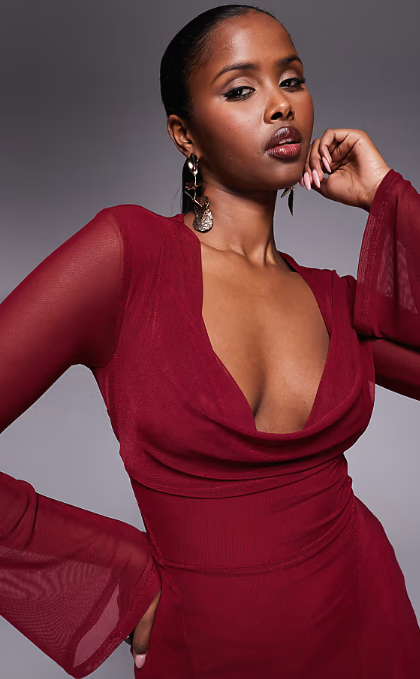 ASOS DESIGN mesh angel sleeve lace up back long sleeve maxi dress in burgundy