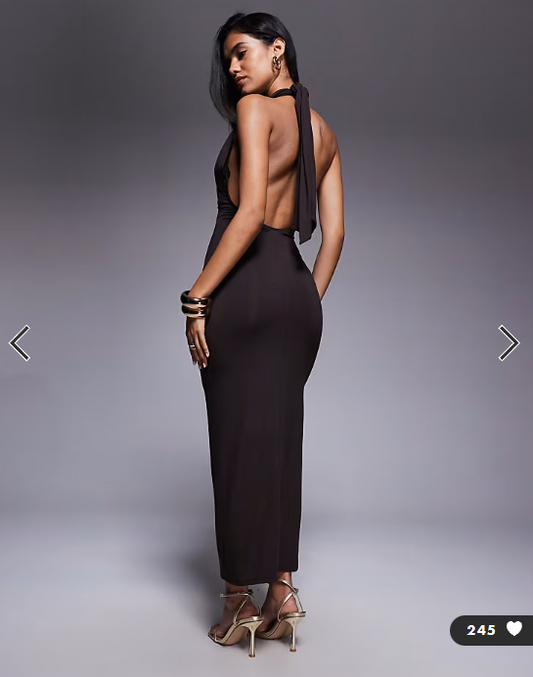 ASOS DESIGN wrap front halterneck midi dress with open back in chocolate