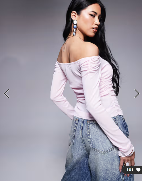 ASOS DESIGN off shoulder ruched long sleeve top in pastel pink