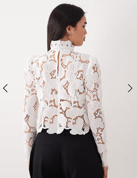 Mango high neck long sleeve delicate lace blouse in white