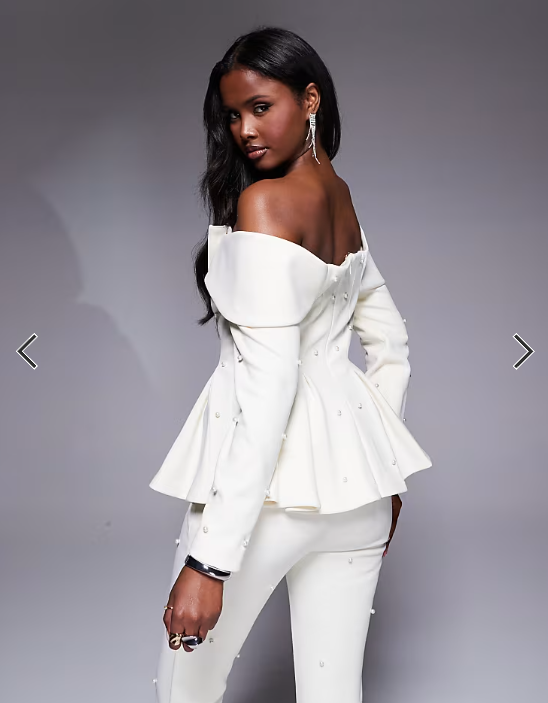 ASOS LUXE co-ord pearl embellished off shoulder tailored blazer in cream