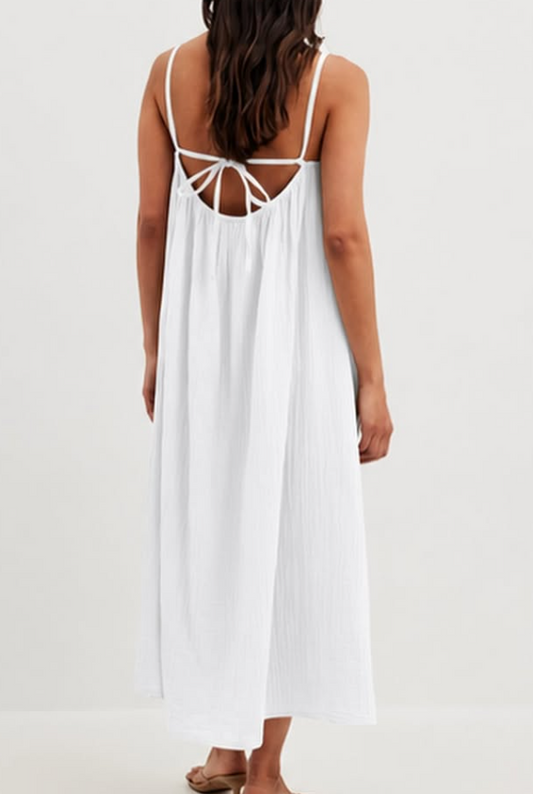 Na-kd - soft cotton tie back midi dress in white
