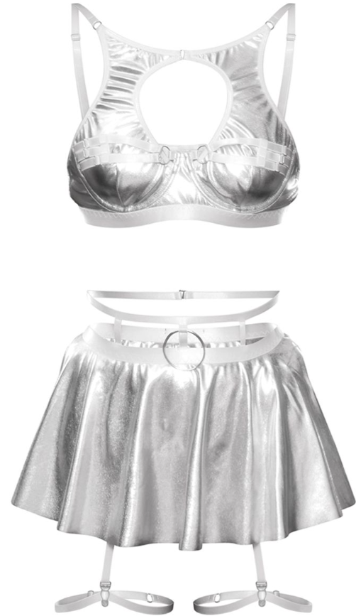 Silver Cow Girl Cut Out Bra and Mini Skirt Lingerie Set
