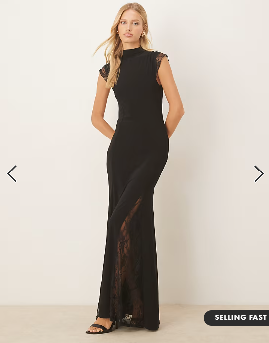 ASOS DESIGN high neck cap sleeve maxi dress with lace insert detailing in black