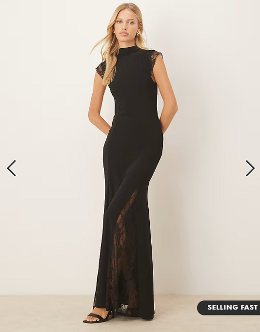 ASOS DESIGN high neck cap sleeve maxi dress with lace insert detailing in black