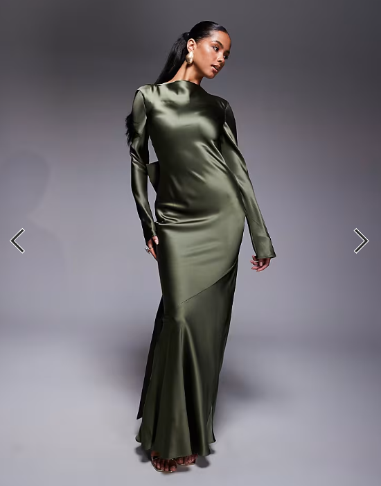 Daska satin maxi dress with exaggerated bow back in khaki