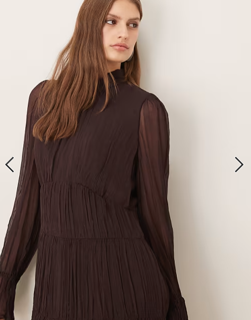 Mango high neck long sleeve chiffon tiered maxi dress in chocolate brown